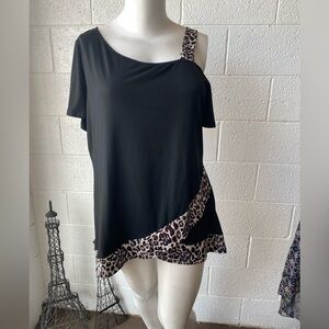 Black Women's One-Shoulder Top with Leopard Trim